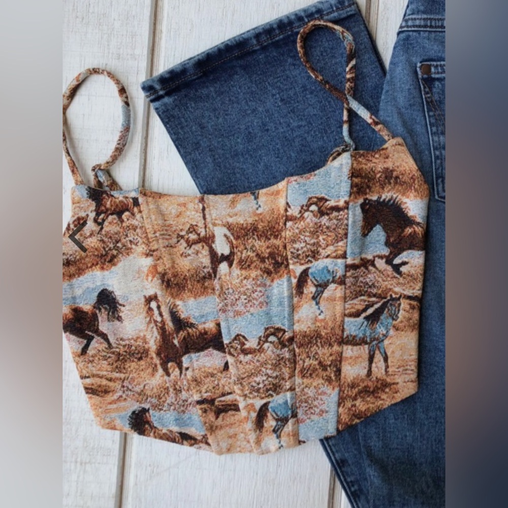 TIC TOC Tapestry Horse Lace Up Back Top